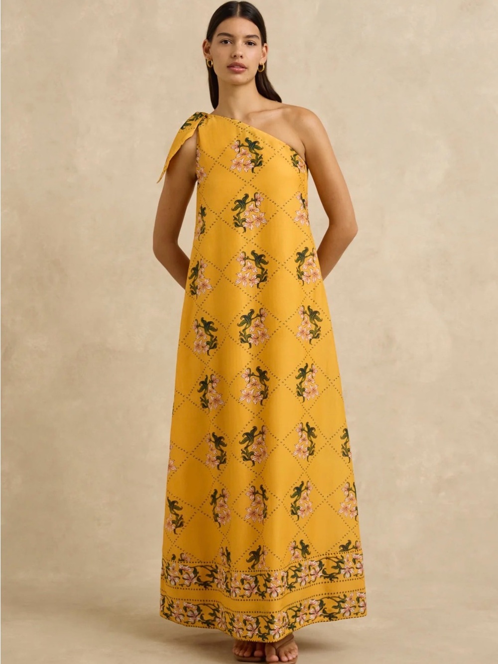 One-Shoulder Mustard Floral Maxi Dress with Bow Tie Shoulder